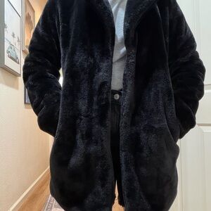 Black Plush Faux Fur Coat